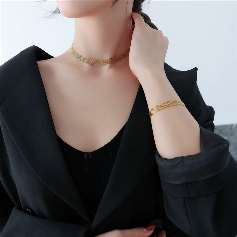 MeshElegance Collection: Versatile Mesh Chain Necklace & Bracelet